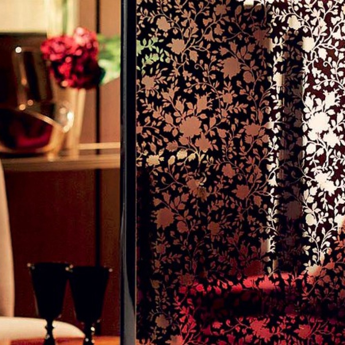 Black Oriental Flowers Window Film